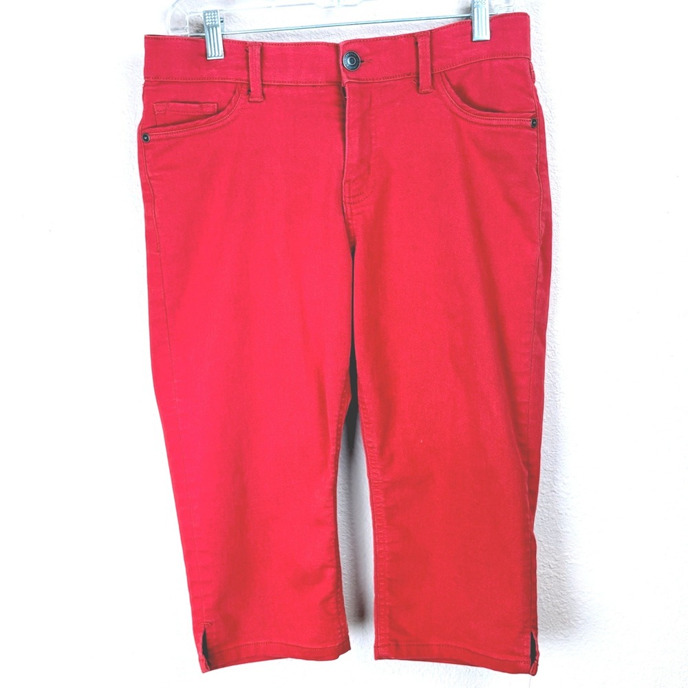 Liz Claiborne Sara Crop Pants 12P Red Mid-Rise Stretch Capris Slit Hem